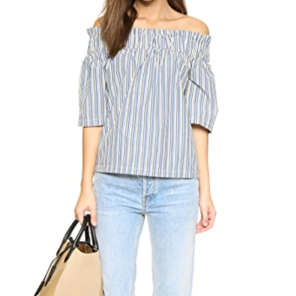 Ganni Blue and White Striped Off-Shoulder Blouse